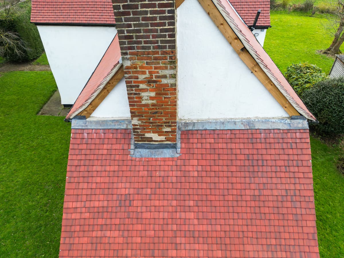 Tiled roof and chimney aerial view